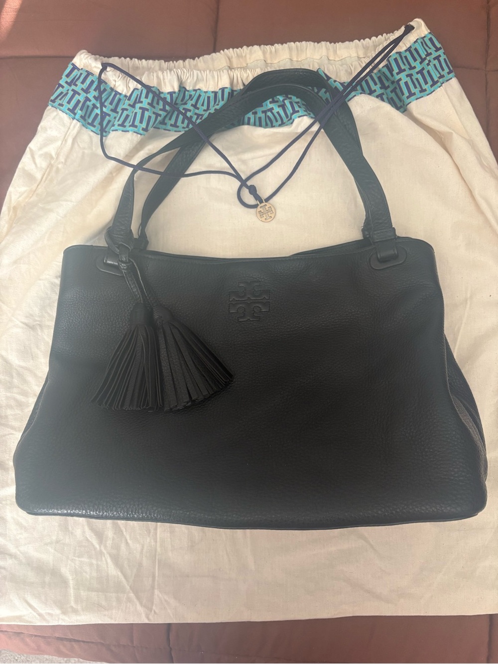 Tory Burch Black Pebbled Leather Shoulder Bag with Tassel